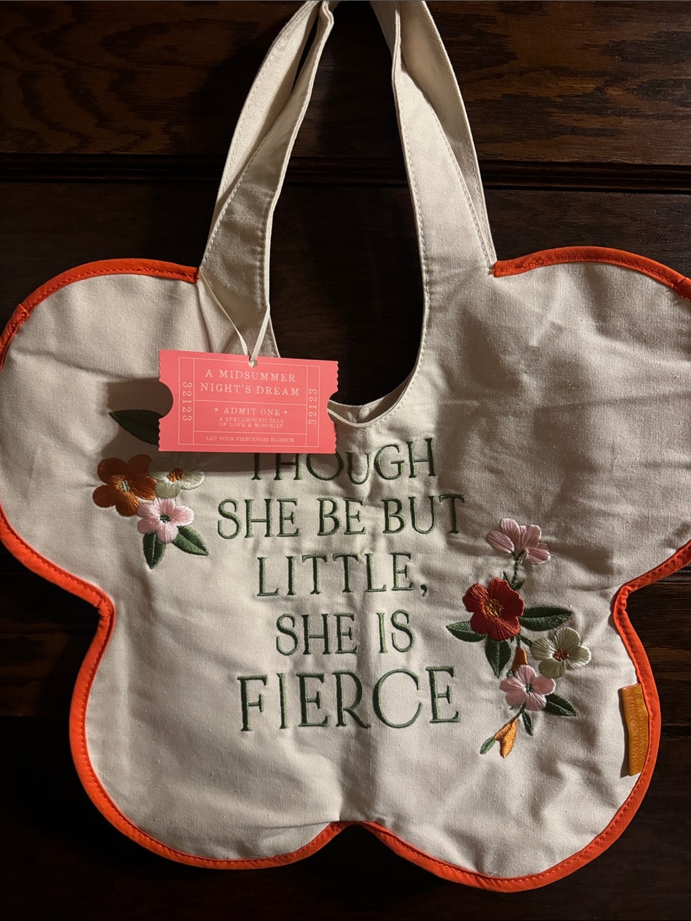 Barnes and Noble, Floral Embroidered Cream Tote with Orange Trim